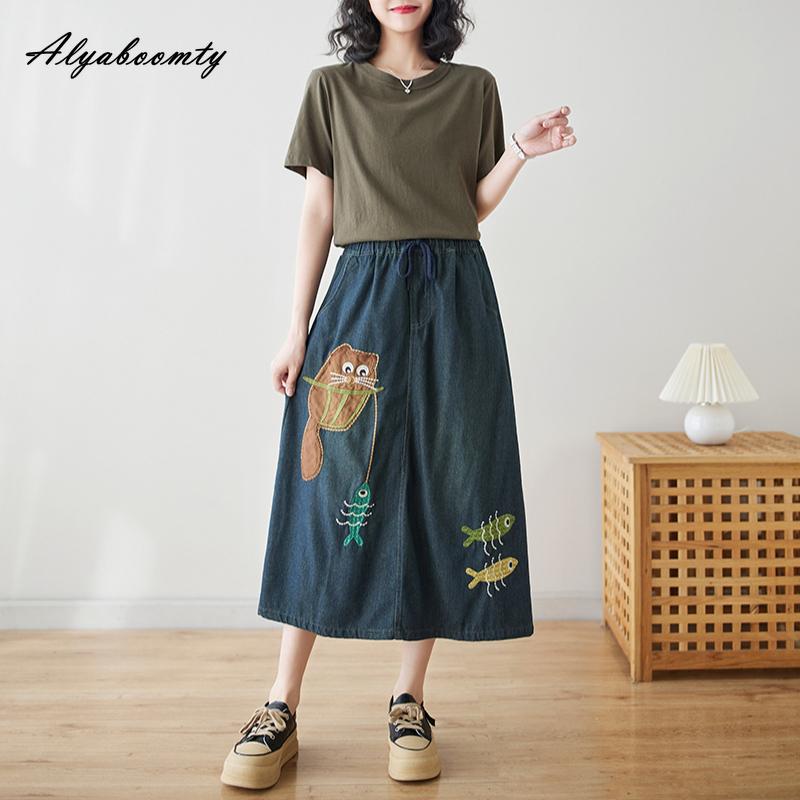 Mori Girl весна-лето женская миди синяя джинсовая юбка с высокой талией вышитая сова рыба пэчворк юбка элегантные женственные женские юбки женские