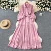 Vintage Robe Femme Turn-down Collar Lantern Sleeve Dress Lace Bandage Bow Slim Fit Big Swing Maxi Dresses Elegant Vestido Femme