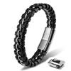 20cm Silver Bracelet for Men Gift Box Genuine Leather Cowhide Braided Adjustable Magnetic Clasp Wrap Jewelry Box Rope for Men Boys Band Jewelry