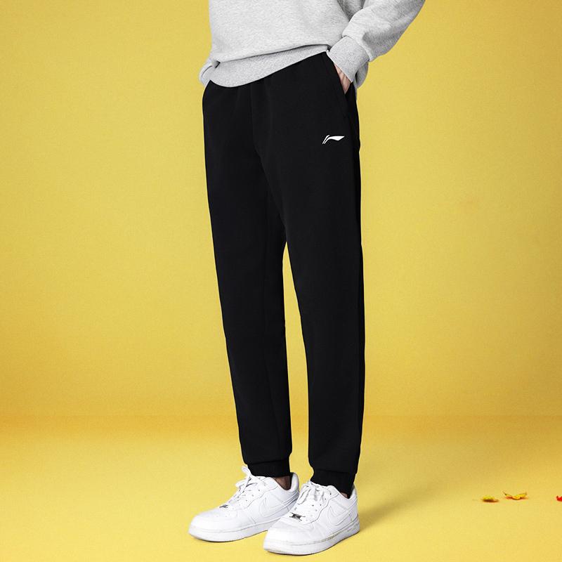 Штаны для бадминтона Li Ning, плотные, с флисовой подкладкой и средней талией, свободные, однотонные, с манжетами, трикотажные, спортивные, унисекс, черные AKLUE45-1