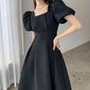 Винтажное элегантное платье с запахом, женское французское ретро черное платье миди с пышными рукавами и квадратным воротником, летняя мода, однотонное Kpop