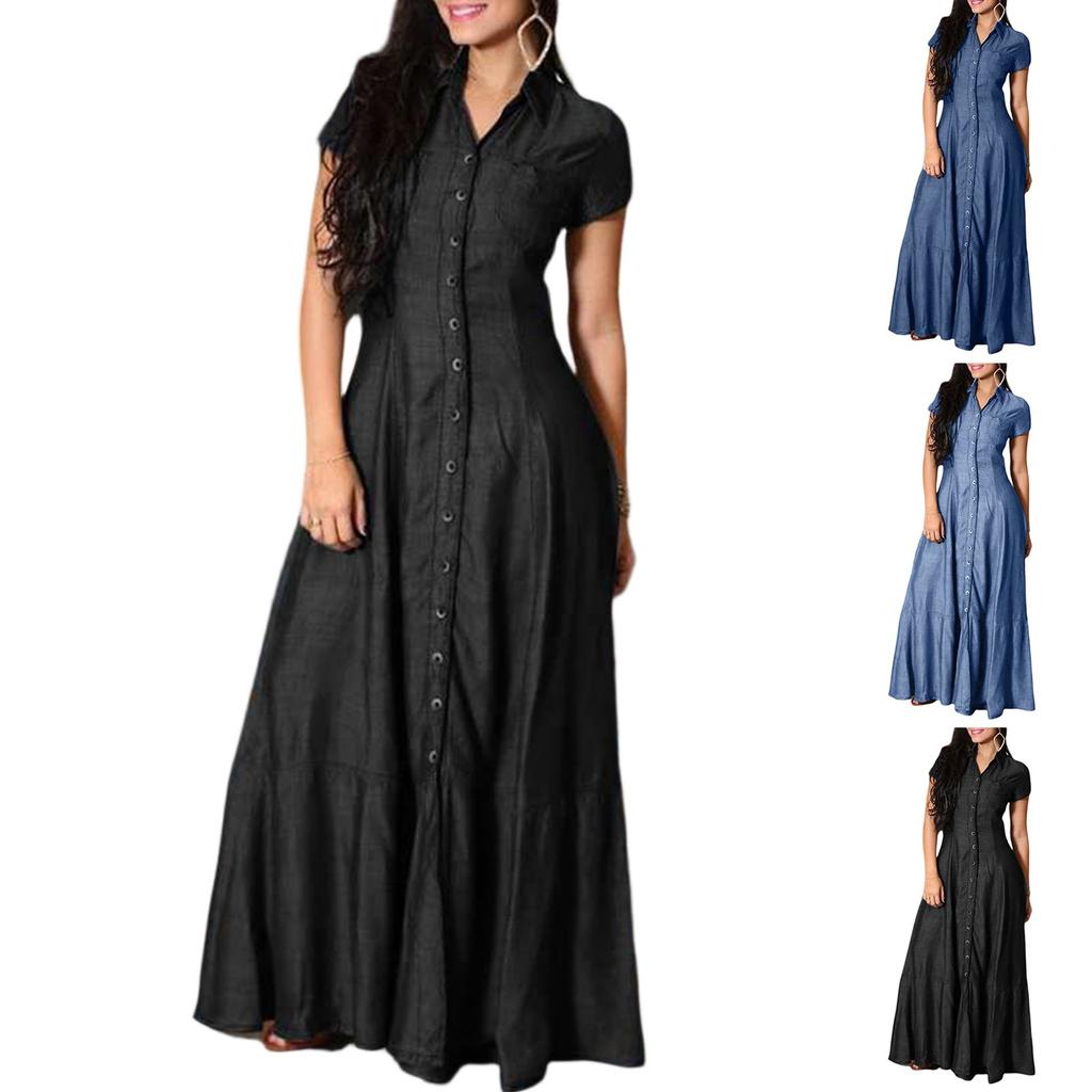 Women's Loose Long Dress Shirt Collar Pocket Large Swing Skirt Casual Denim Dress