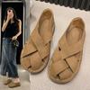 2024 Leather Women's Sandals Top Layer Cowhide Handmade Woven  Women Casual Flats the Retro Art Mori Girl Shoes