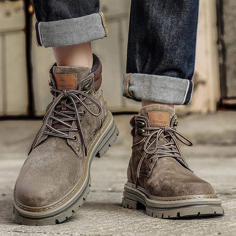 Fashion New Street Style Male Sneakers High Top Suede Leather Boots Fashion Motorcycle Ankle Boots for Men Lace-Up Leisure Walk Footwear