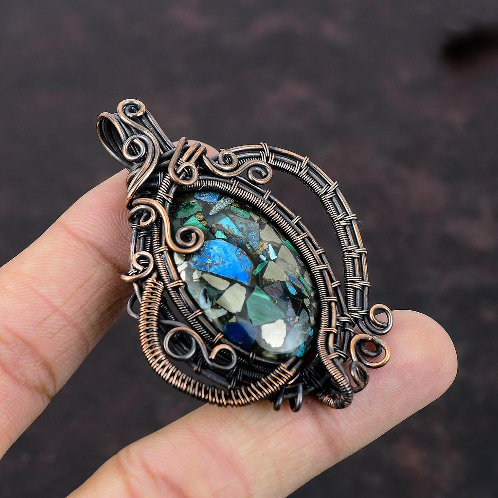 Copper Azurite Malachite Pendant Copper Wire Wrapped Pendant Gemstone Copper Jewelry Elegant Pendant Handmade Wire Wrap Jewelry Gift For Her