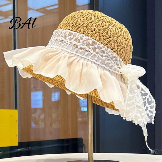Lightweight Packable Sun Cap Wide Brim Straw Hat, Women Beach Hat with Ruffle And Lace Holiday Vacation Headwear Bow, Breathable Foldable for