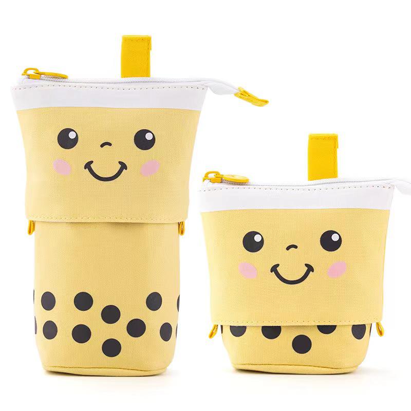 Polka Dot Milk Tea Pull-down Pencil Case with Heart and Smiley Face Design, Multifunctional Stationery Holder