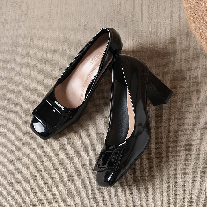 2025 New Spring New Square Head Thick Heels Women's Shallow Mouth Buckle Single Shoes Professional Shoes High Heels
