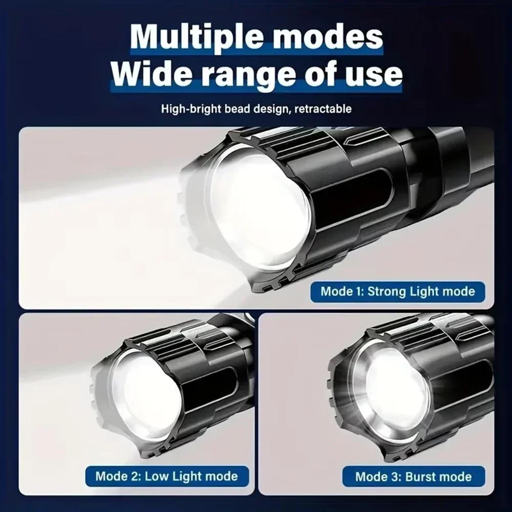 High Strong Power Led Flashlights EDC Tactical Zoomable Torch 3 Modes USB-C Rechargeable Work Fishing Emergency Defense Lantern