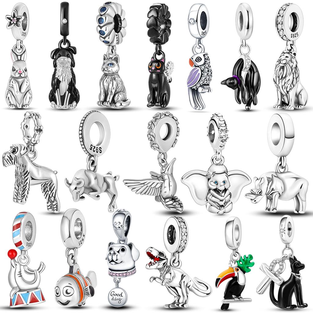 Серия животных, висячие серебряные 925 пробы, кролик, бордер-колли, попугай, шнауцер, подвески из бисера, подходят для женского милого браслета, ювелирные изделия