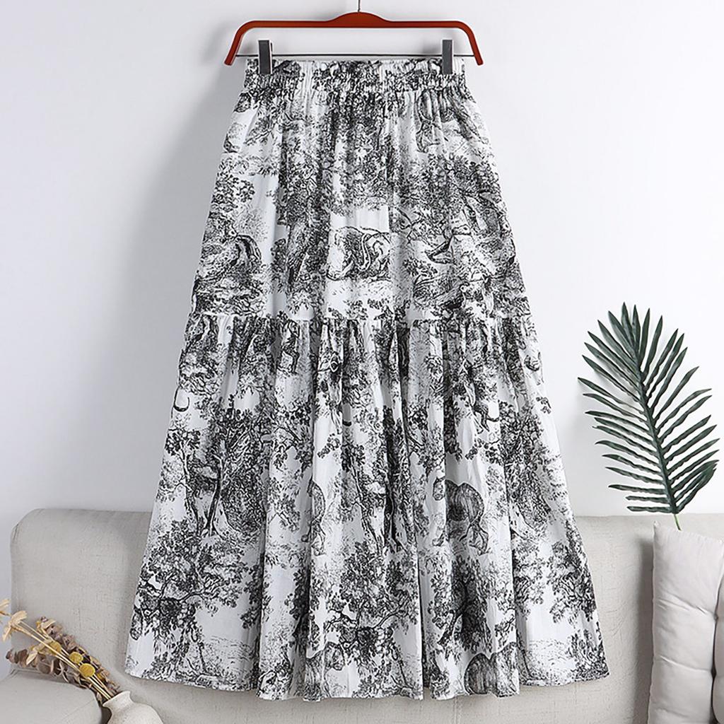 Women's Skirts Spring And Summer Waisted Ancient Style Ink Painting Printed Cotton Skirt Mid Length A Metallic Skirts