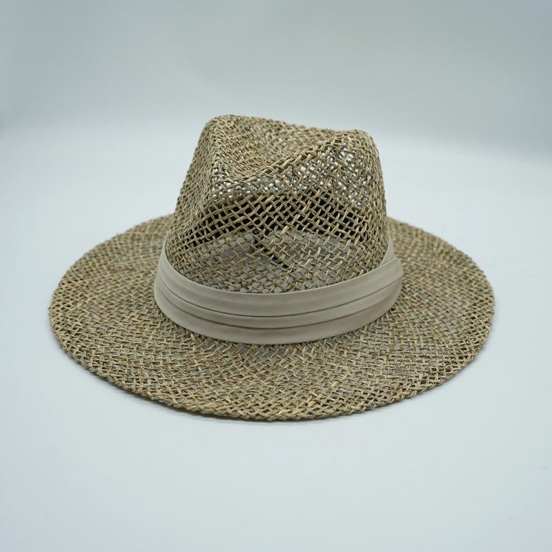 French Retro Salty Grass Seaweed Woven Jazz Top Hat Men'S And Women'S Vacation Beach Outing Straw Hat Wide Brim Sun Protection