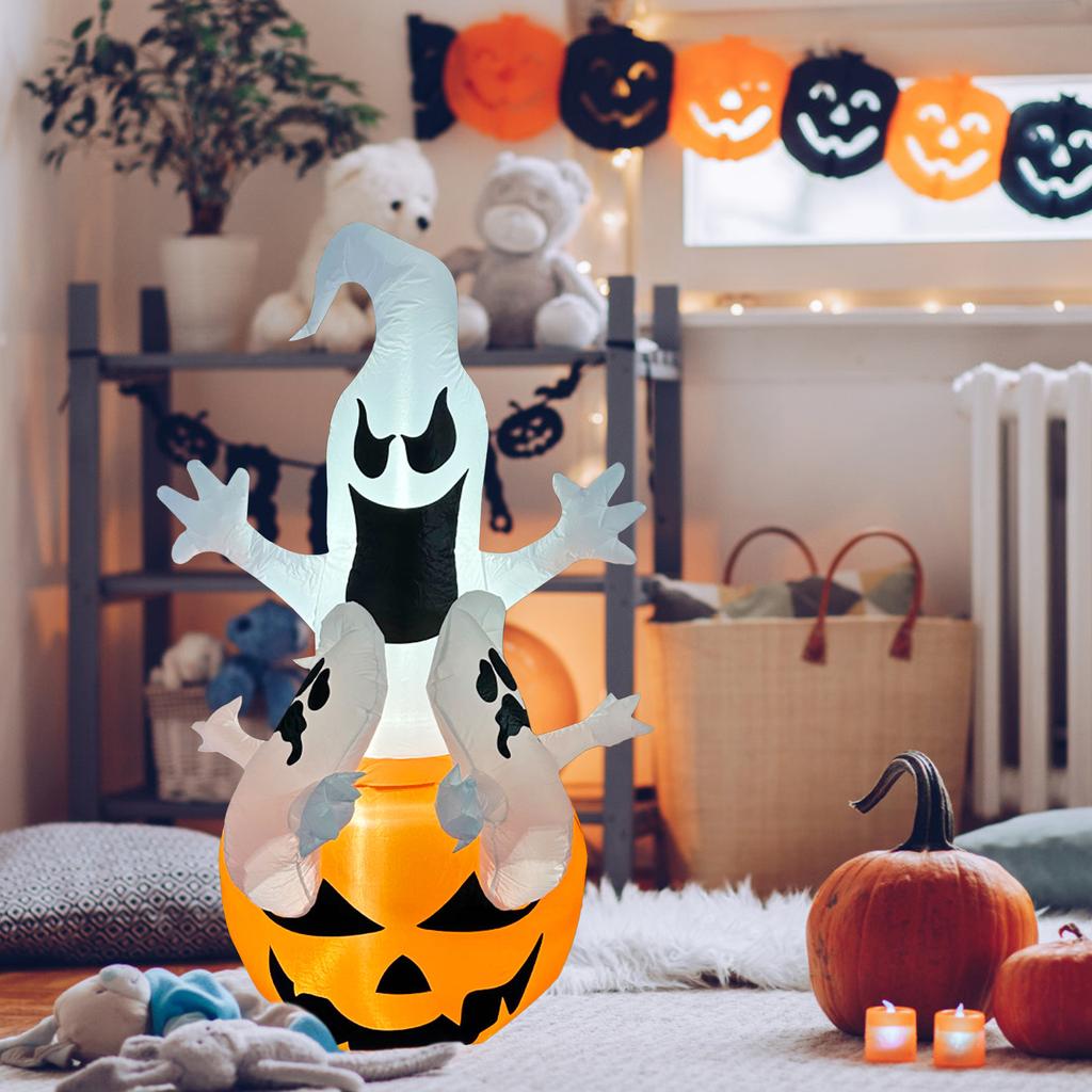 5.9FT Glowing White Ghost Pumpkin Inflatables Halloween Outdoor Decoration Blow Up Three Ghost