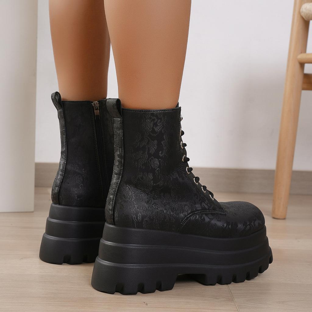 Large Size Printed Muffin Bottom Martin Boots Autumn and Winter Thick Bottom Cross Strap Short Women's Boots