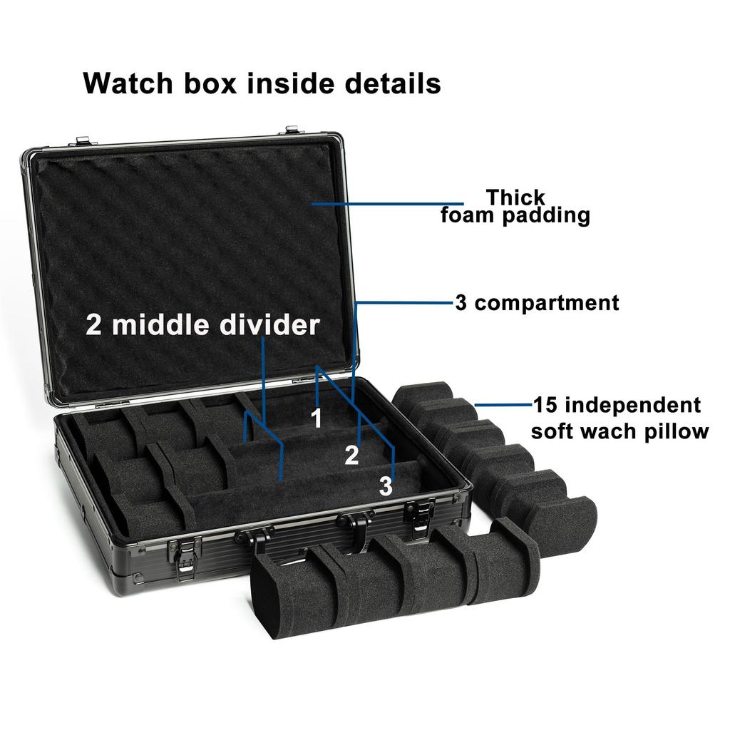 AUKURA Aluminum Watch Deluxe Watch Storage Box Display Fits Large Watches Up To 55mm 15-Slot Case, Organizer.