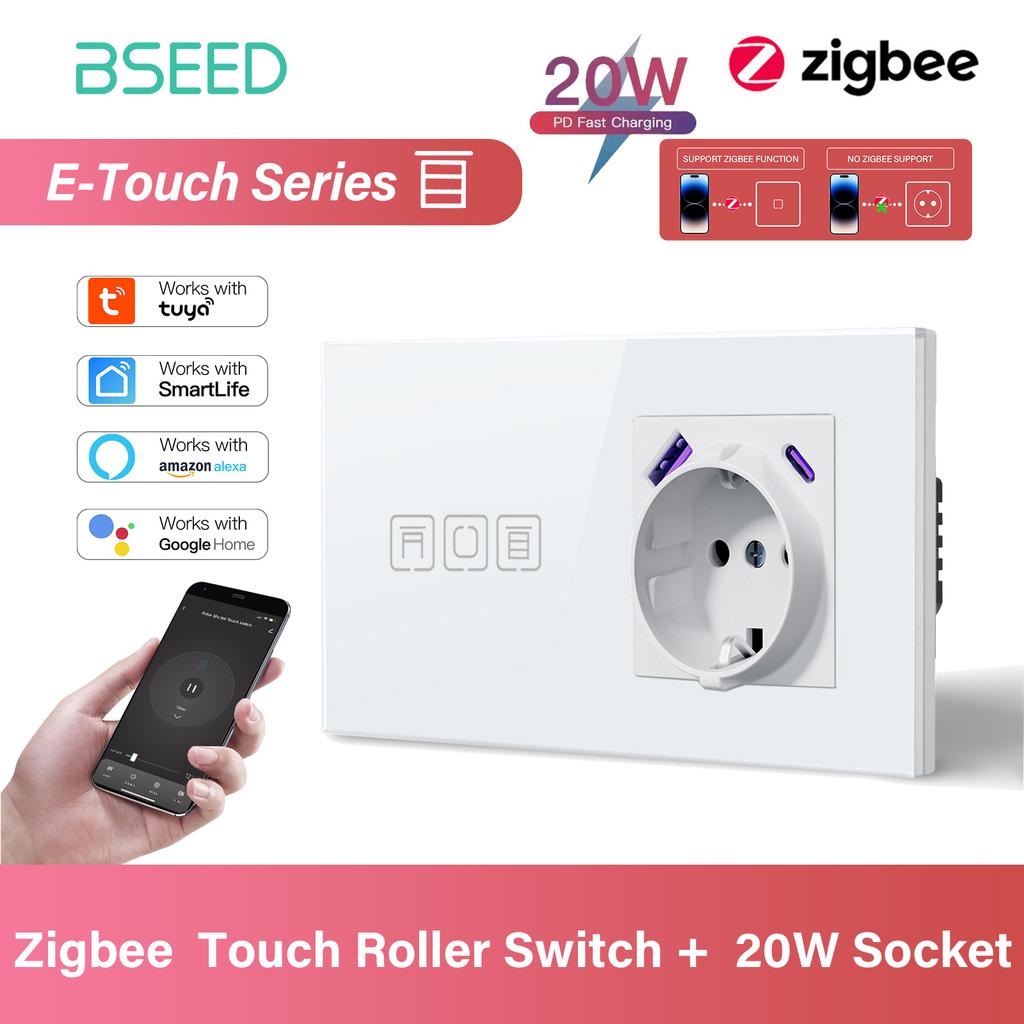BSEED Zigbee Smart Blind Switch Electric Roller Shutter Switch With EU Socket USB Type-C Port Tuya Alexa Smart Life App E Series
