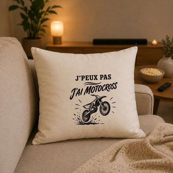 Housse de Coussin J’peux pas j’ai Motocross J'peux pas minimaliste | Coton Canvas Fairtrade 305 g/m² Zip Invisible Taille 50×50 cm