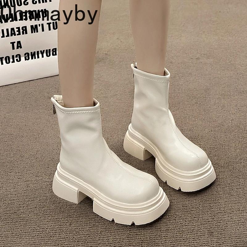 Fashion Autumn Chunky Women Slim Ankle Boots Fashion Back Zippers Platform Heel Short Booties Street Style Female Shoes