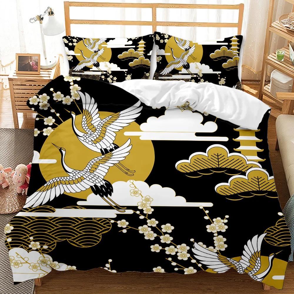National Trend Duvet Cover Set Cherry Blossoms Crane Printed Bedding Set Sea Waves Down Traditional Retro Polyester Quilt Cover