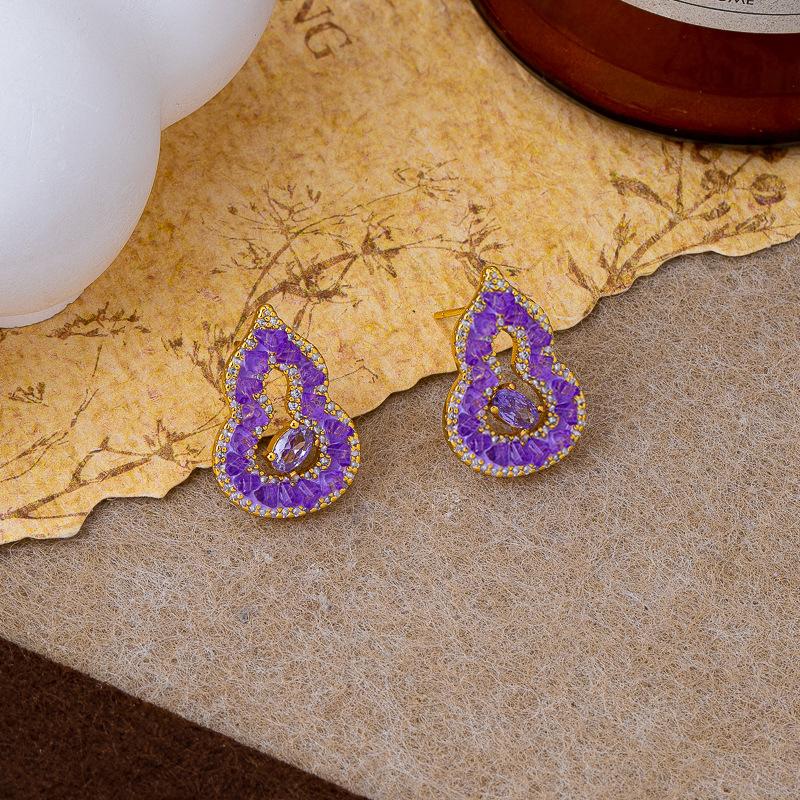 Light luxury high-end purple inlaid zircon gourd stud earrings, shining elegant temperament, exquisite design, versatile earrings