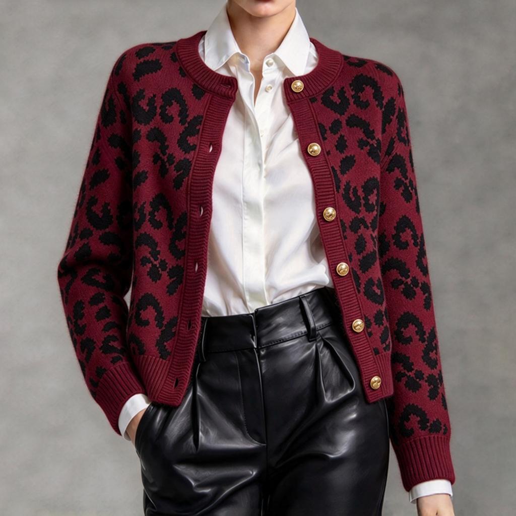 Women's Leopard Print Knit Cardigan Long Sleeve Round Neck Trim Casual Outerwear
