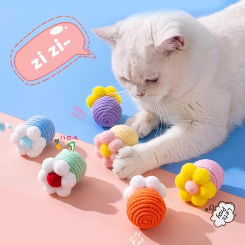 6 шт. Игрушка для кошек из льна и хлопка, дразнилка с цветочным узором и звенящими колокольчиками для безопасного развлечения питомца, развивающая игрушка
