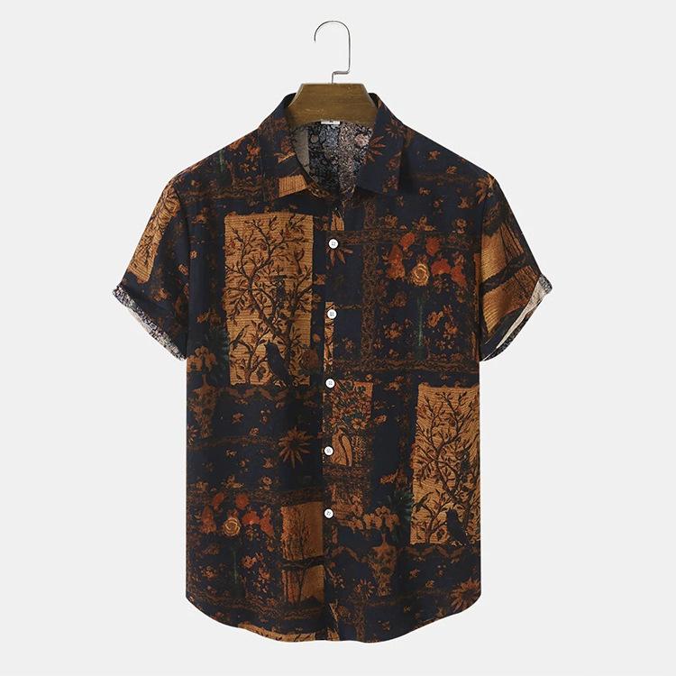 Мужская рубашка с цветочным принтом в стиле ретро, ​​мужская повседневная рубашка с отложным воротником и коротким рукавом
