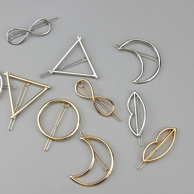 New Style Gold-plated/silver-plated Metal Triangle Circle Moon Clip Metal Circle Hairpin Hair Accessories for Girls (random Shape and Color)
