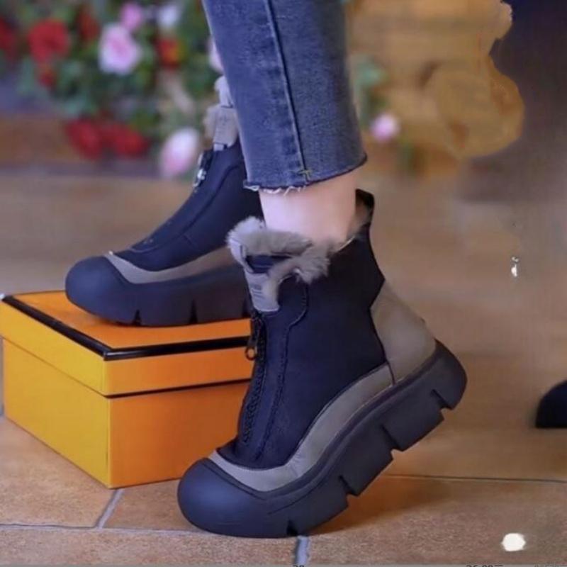 Winter Snow Cotton Shoes Anti Slip Versatile High Top Shoes Thick Soled Front Zipper Fringed Snow Boots Women's Plush Insulation Short Boots