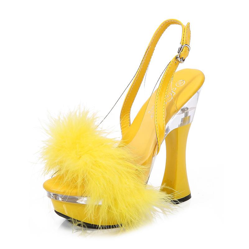 Летние босоножки на очень высоком каблуке с прозрачными светящимися лепестками для стриптиза, женские туфли для ночного клуба, сексуальные сандалии с открытым носком и толстым каблуком, покрытые мехом