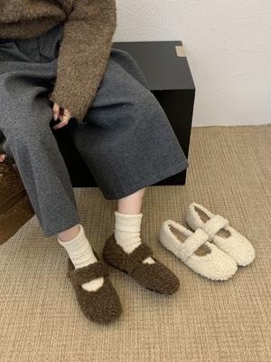 Туфли Мэри Джейн с круглым носком из овечьей шерсти, плюшевые шерстяные туфли, женская зимняя плоская хлопковая обувь