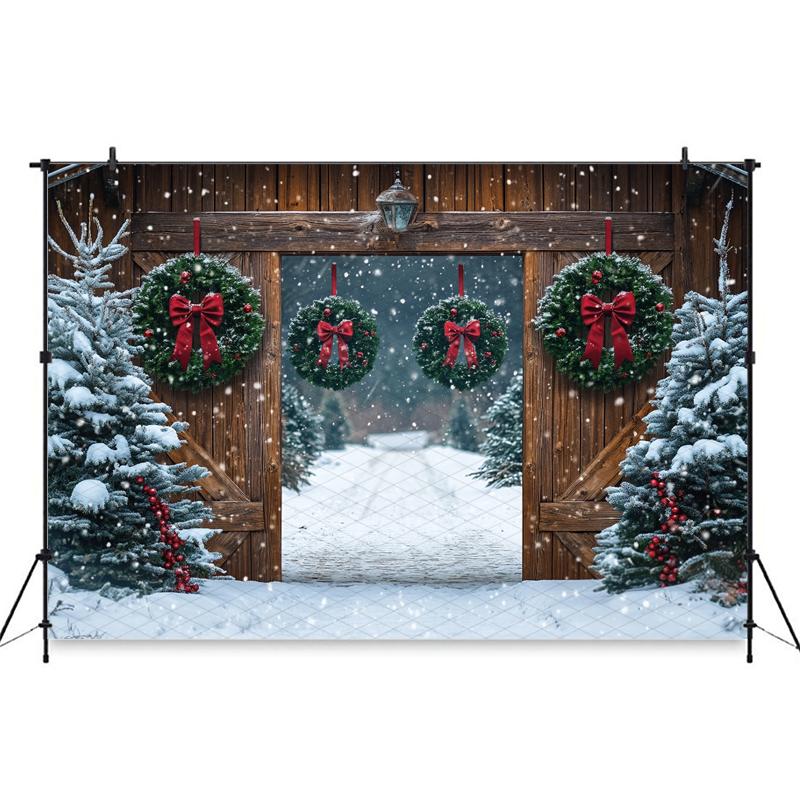 Mocsicka Christmas Photography Background Winter Snowflake Decoration Photo Backdrops Xmas Tree Red Door Pattern Shootin3