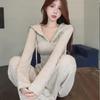 Women's Solid Color Zipper Hooded Cardigan Sweater Two-Piece Suit for Autumn/Winter Casual Fashion.