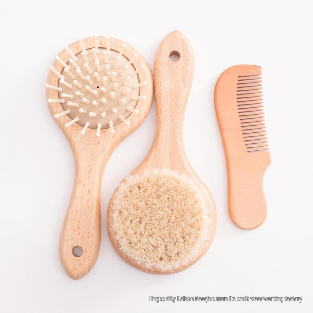Beechwood Infant Hair & Bath Brush Set: Detangling, Massage, Air Cushion Brush & Flat Comb.