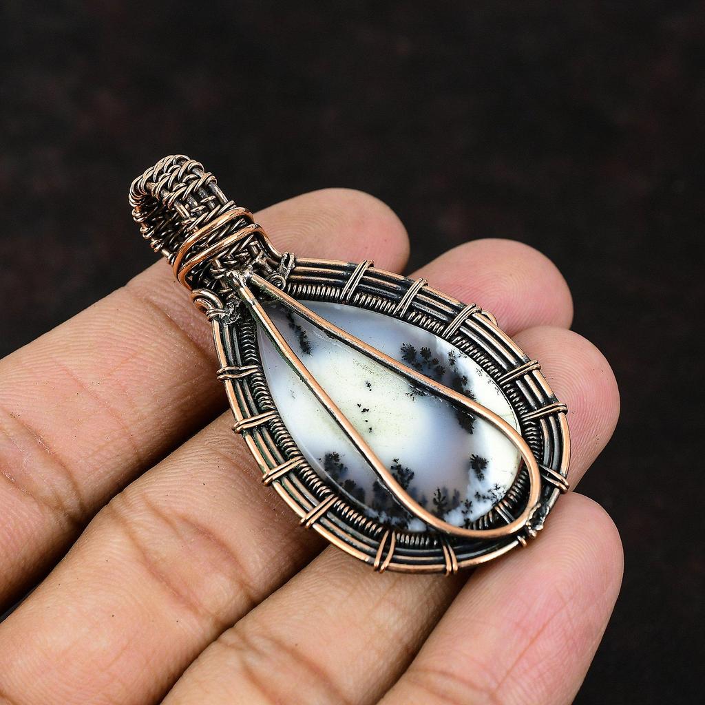 Dendrite Opal Gemstone Pendant Copper Wire Wrapped Pendant Handmade Jewelry Dendrite Opal Designer Pendant Gift For Her Gift For Mom