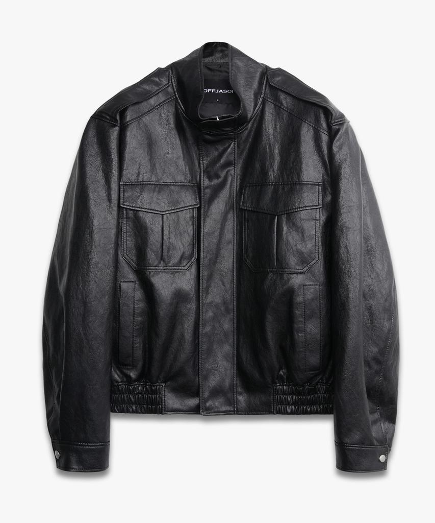 DOFFJASON High-Neck Epaulet Leather Uniform Jacket Black