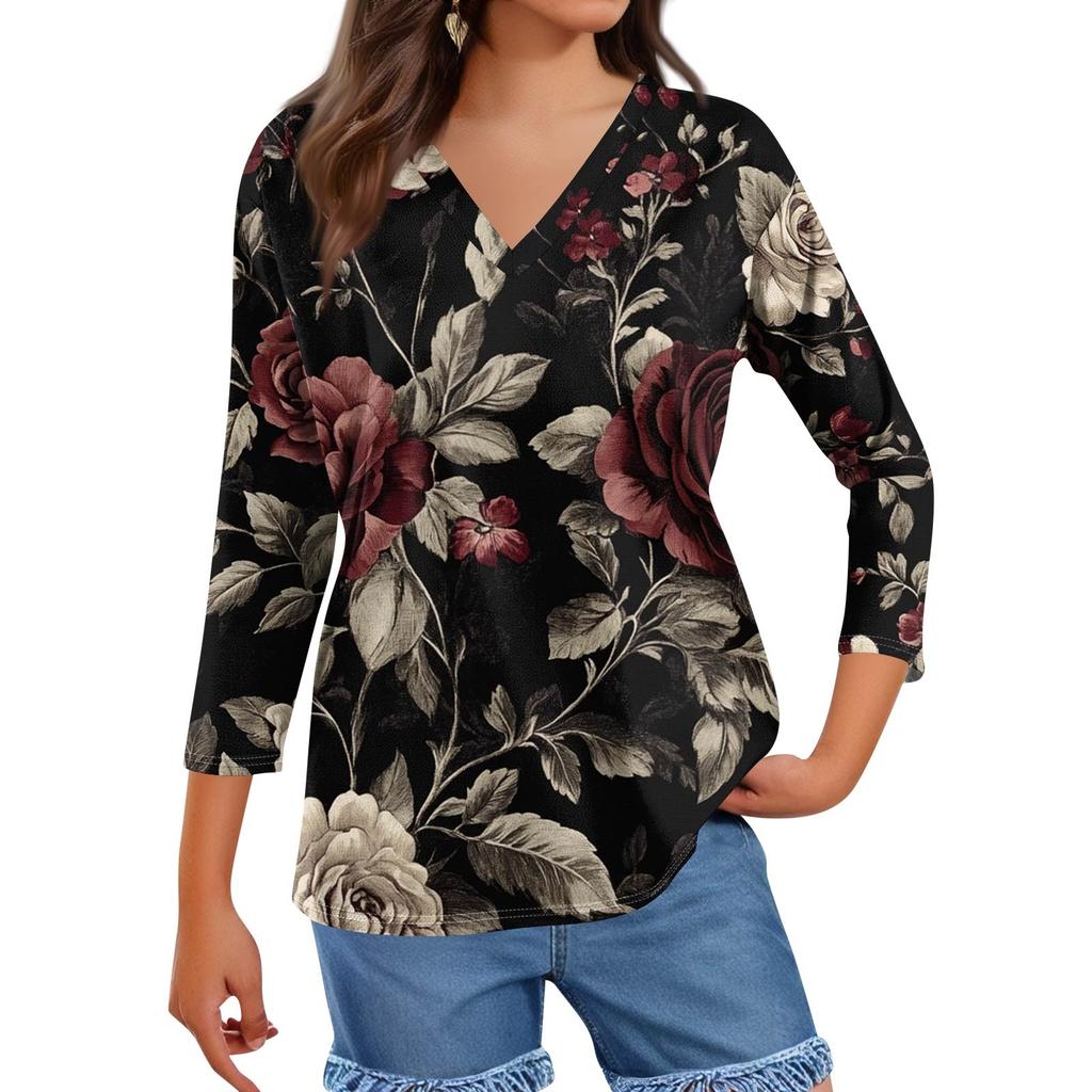Женские топы, рубашка с рукавом три четверти, свободная повседневная рубашка с V-образным вырезом, футболка с цветочным принтом