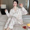 Принт из мультфильма Женская пижама Ice Silk Домашняя одежда Комплект из двух предметов с длинным рукавом Весна-осень Свободная удобная пижама Костюм Femme Satin