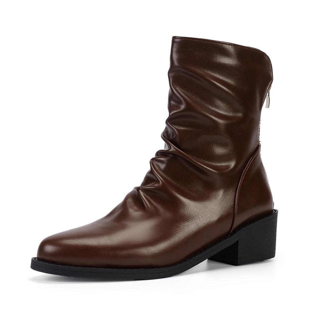 Европейские и американские плиссированные ботильоны 2024 Осень Новинка Однотонные Задняя молния Короткое голенище Женские ботинки Большой размер Платформа