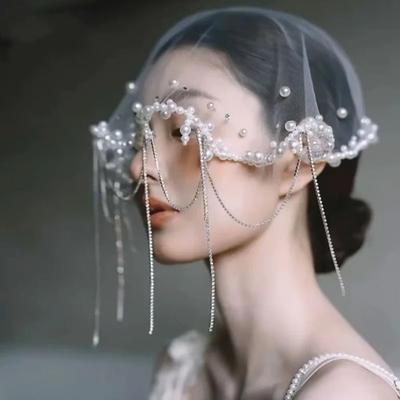 Жемчуг Бусины Фата Невесты Кисточки Головной Убор Невесты Тюль Французские Свадебные Фаты Головные Уборы