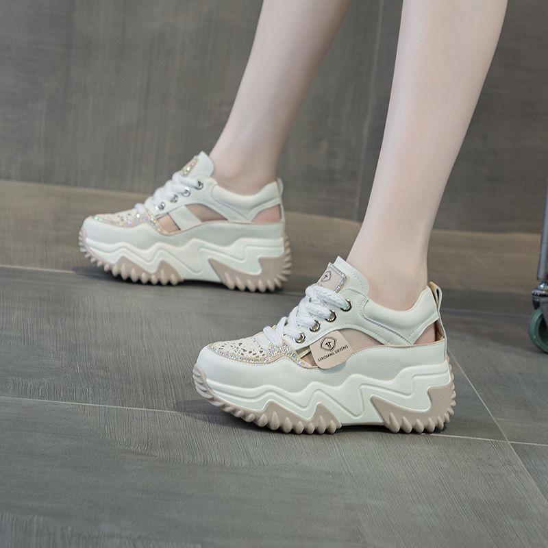 Туфли для папы со стразами, женские, с толстой подошвой, новинка 2025 года, для увеличения роста, повседневные спортивные белые туфли