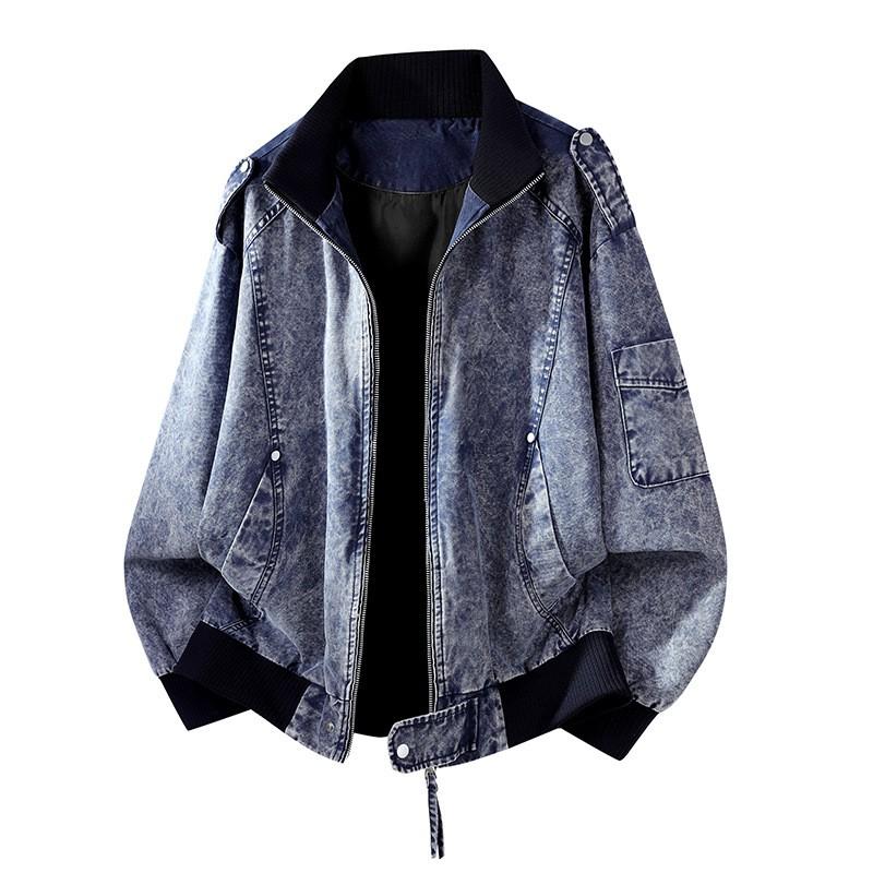 Mens Washed Denim Jacket Loose Streetwear Retro Biker Style Stand Collar Casual Outerwear