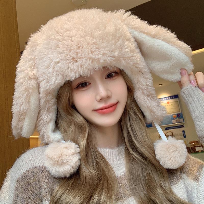 Зимняя утолщенная белая плюшевая шапка с мультяшными кроличьими ушками, женская, для уменьшения возраста, милая и симпатичная, с защитой ушей, теплая шапка-пуловер
