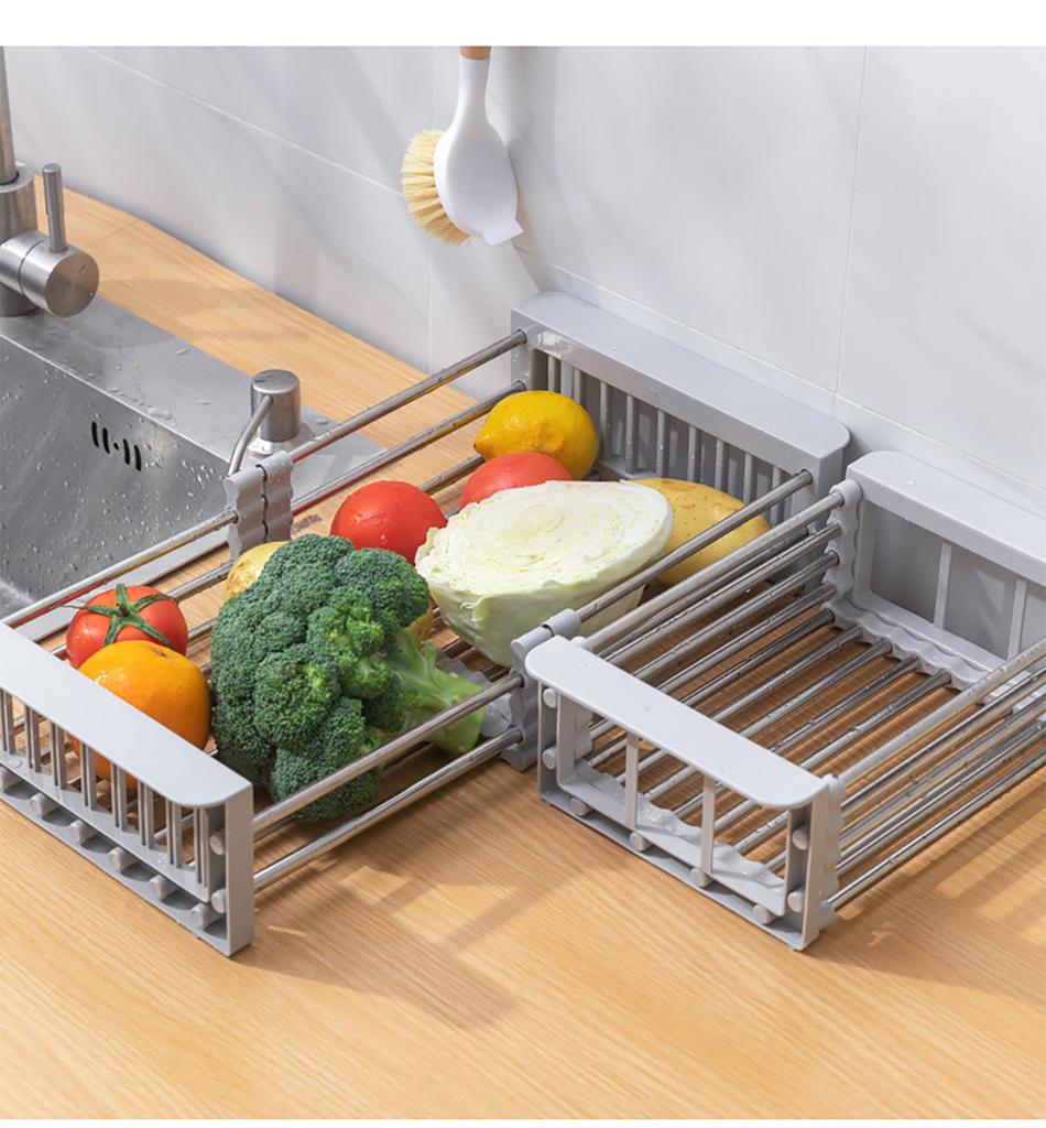 Expandable Sink Drainer Adjustable 28-47cm Stainless Steel+PP Anti-slip Large Capacity Vegetable & Cutlery Drainer