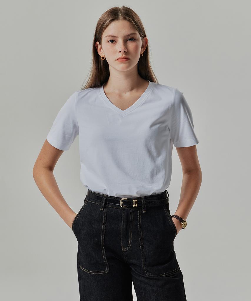 Basic House Women'S V-Neck Stretch Slim Fit Short Sleeve T-Shirt White Lats0204 (A Type)
