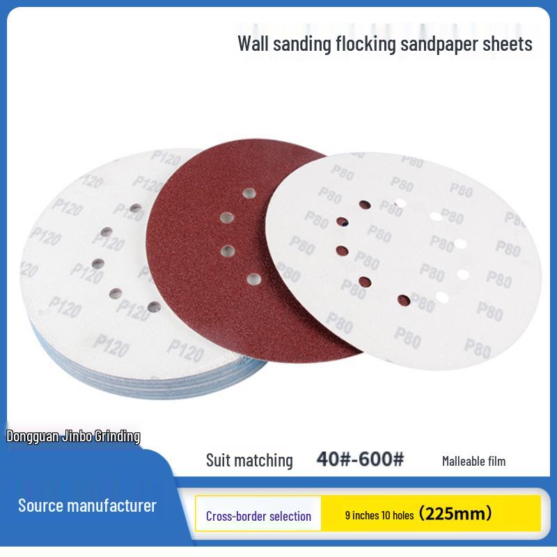 9-inch 10-hole Wall Sanding Sandpaper, 225mm Flocked Putty Gray Polishing Pads