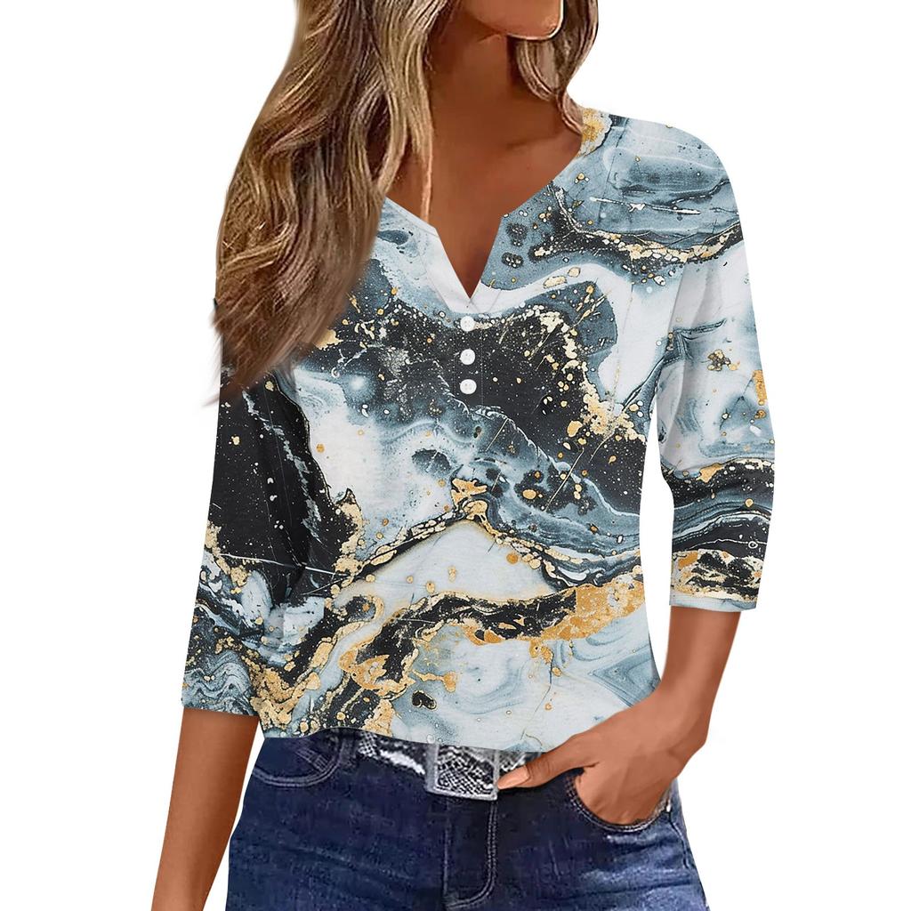 Women's T Shirt Tee Print Button 3/4 Sleeve Daily Weekend Fashion Basic V- Neck Regular Top