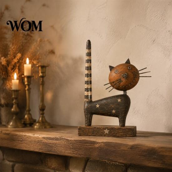 Vintage Style Home Accents Rustic Wooden Cat Ornament with Spring Shaking Head for Farmhouse Tabletop Decorative Piece Decor, Handcrafted Retro