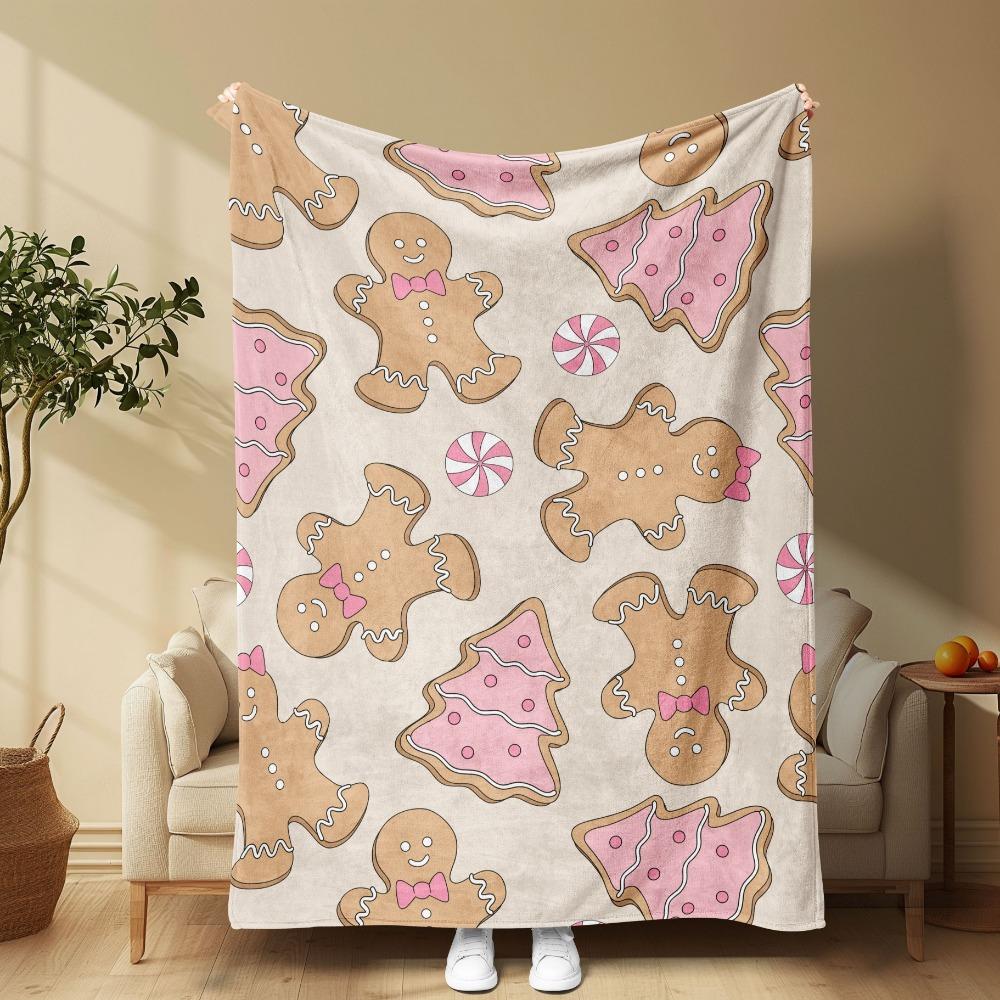 GUOYU Blanket 1pc Pink Marry Christmas Blanket Lovely Gingerbread Man Print Flannel Blanket for Home Living Room Decor New Year Christmas Gift