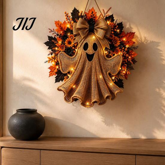 Decorative Wreath for Fireplace Rustic Halloween Ghost Front Door, Farmhouse Burlap Hanging Door with Maple Leaves, Sunflowers Porch Wall Indoor
